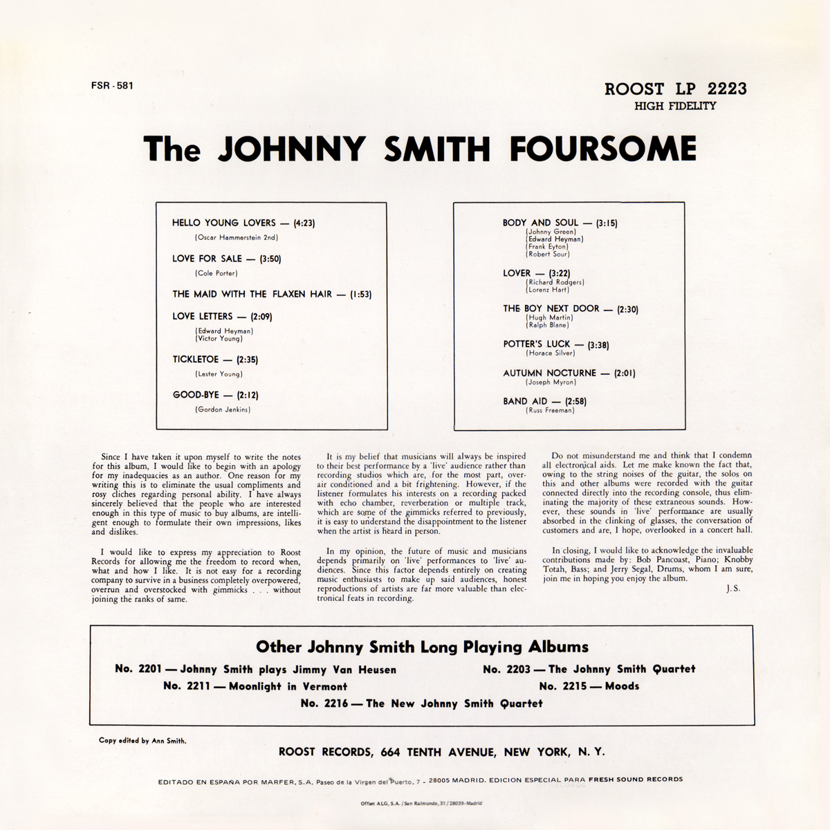Johnny Smith - The "Johnny Smith" Foursome - Back cover